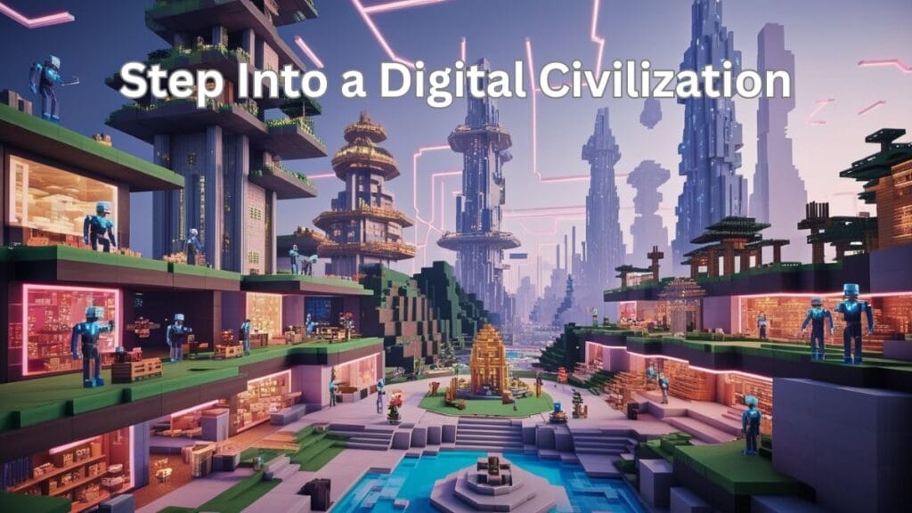 A realistic digital city in Minecraft with AI-powered agents engaging in trade, construction, and social interactions.