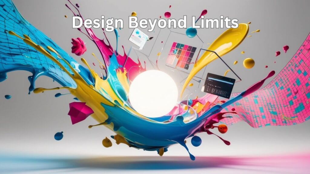 Surreal burst of colorful paint splashes, geometric shapes, and glowing light symbolizing creativity and innovation.