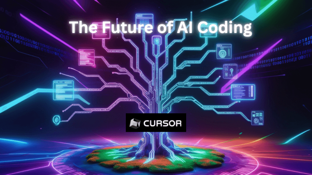 A glowing, futuristic tree of circuits and binary code, representing Cursor AI-powered coding and innovation, set against a vibrant neon background.