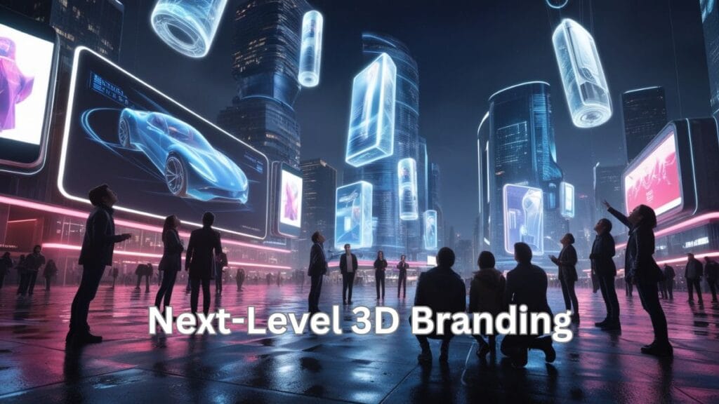 Futuristic cityscape with vibrant OMagic AI 3D holographic advertisements, captivating viewers with immersive brand visuals.