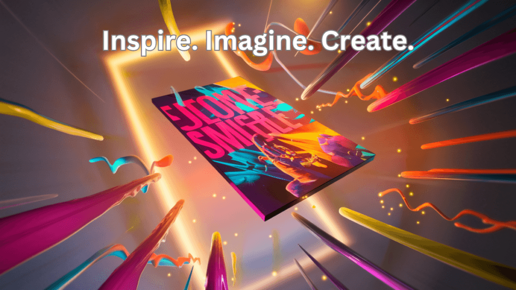 A floating canvas surrounded by glowing paint streaks and abstract designs, symbolizing boundless creativity and innovation.