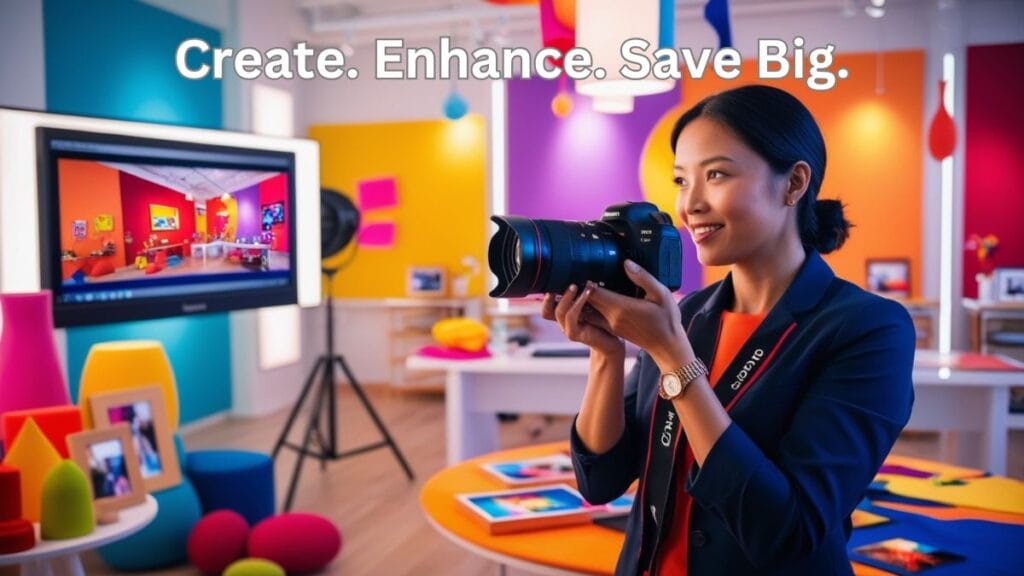 A professional photographer capturing a vibrant, high-quality image in a creative studio with colorful props and a polished photo displayed on a screen. Showcasing NoMoreCopyRight need.