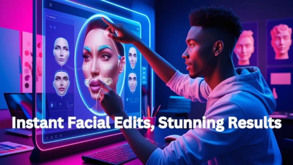 Digital creator editing facial features using a futuristic holographic interface with vibrant neon colors.