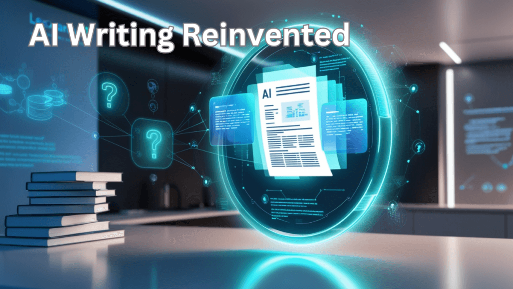 Storm AI interface assisting in research and writing, featuring glowing holographic outlines and interconnected data points in a sleek, high-tech environment at Stanford.