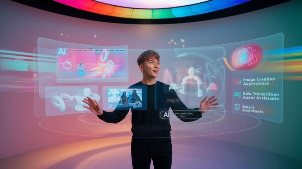 Person exploring AI tools with holographic displays showcasing creative and productivity features.