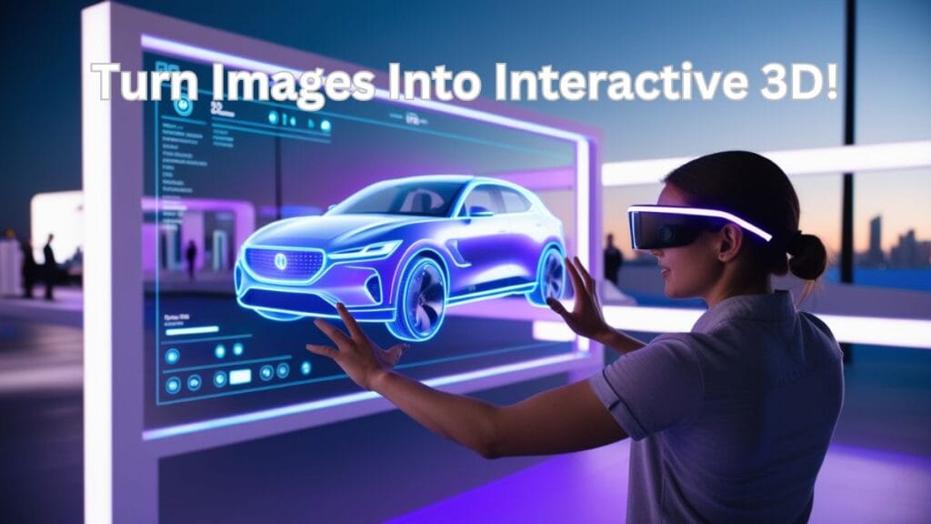 A person wearing AR glasses interacts with a floating 3D holographic model of a futuristic car, emerging from a 2D image at a tech exhibition, with neon blue and purple interface controls.