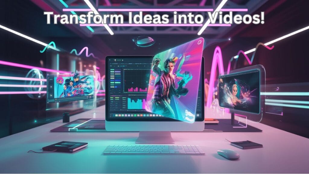 Futuristic holographic visuals floating in a neon-lit studio showcasing dynamic video creation elements with Vidu