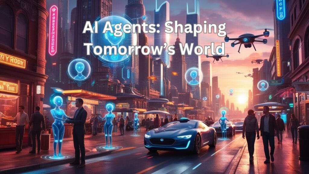Futuristic cityscape with glowing AI agents and vibrant neon lights, showcasing the integration of AI in urban life.