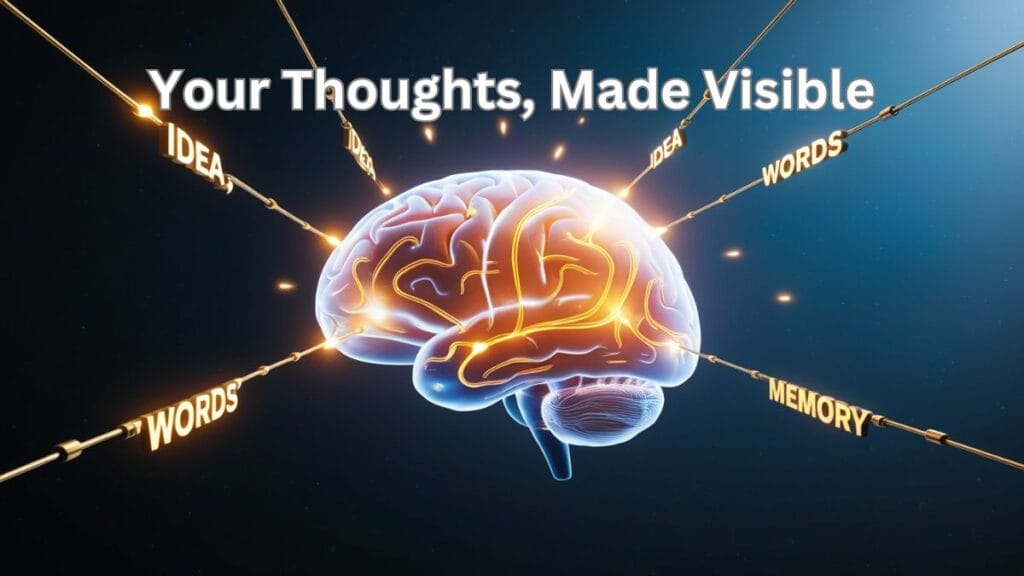 Glowing human brain with golden neural pathways and floating text fragments in a starry void, symbolizing AI thought-to-text technology.