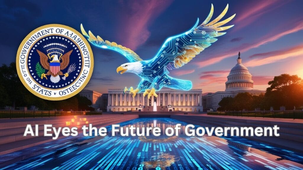 Futuristic AI-powered eagle soaring over digital Washington D.C. skyline with binary code river.