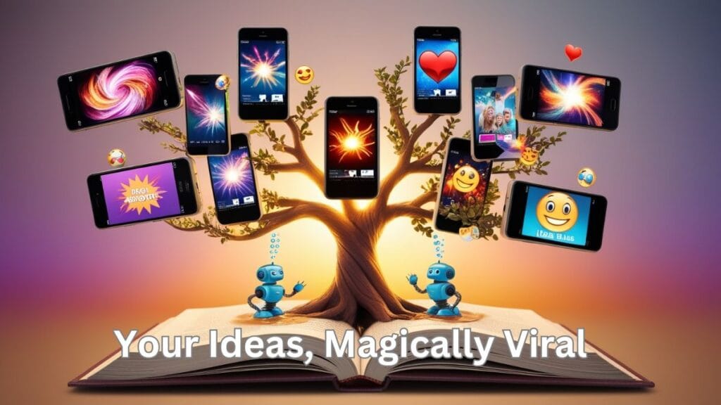 A glowing tree with digital screens and viral symbols grows from a book, surrounded by robots and idea bubbles.