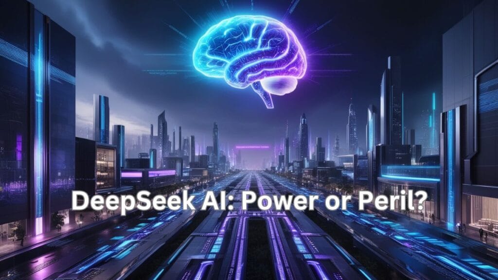 Futuristic city at night with glowing data streams and a holographic AI brain, symbolizing the rise of DeepSeek Open Source AI.