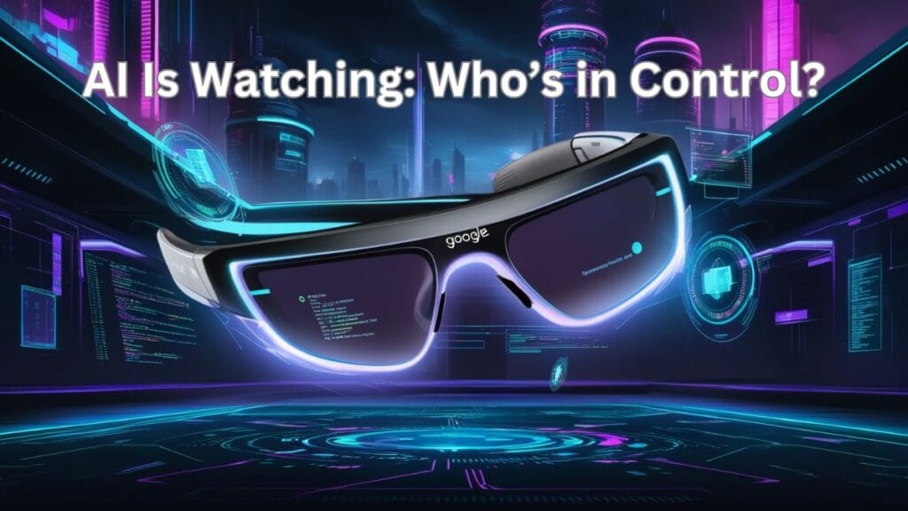 Futuristic AI-powered smart glasses with a holographic interface, floating against a neon-lit cyberpunk cityscape, symbolizing the rise of AI surveillance and control.