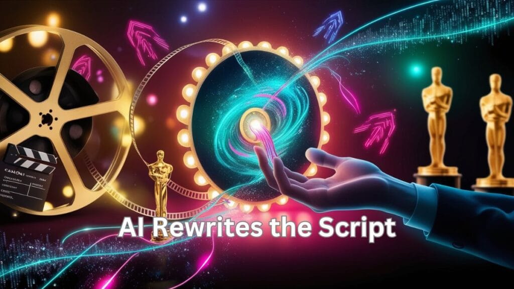 Futuristic film reel transforming into a galaxy of AI-generated narratives, blending Hollywood icons with digital particles.