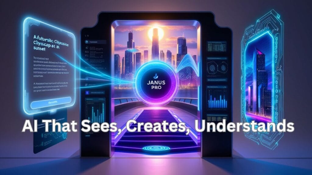 Futuristic glowing gateway representing Janus Pro, a multimodal AI model bridging text-to-image generation and image-to-text understanding, with neon lights, holographic text, and analytical data overlays.