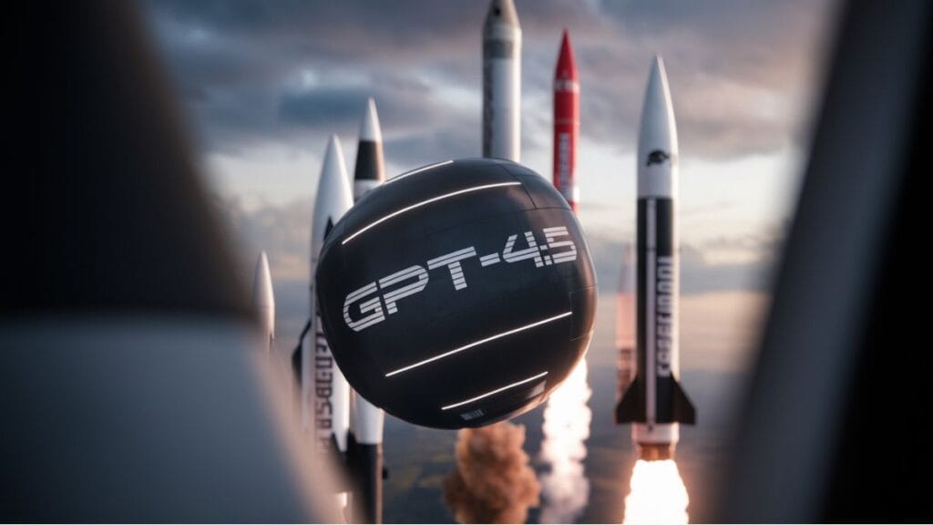 GPT-4.5 deflating balloon while competitor AI models rocket upward, symbolizing OpenAI's disappointing release